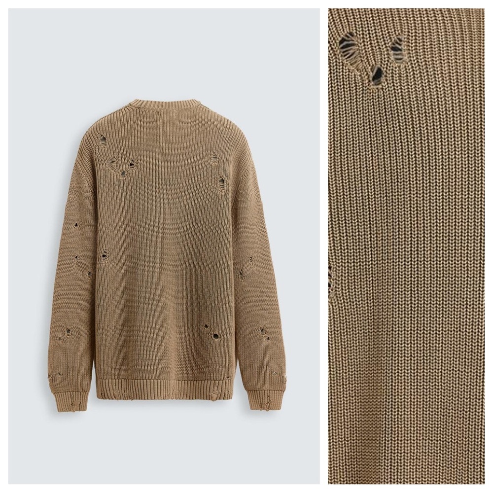 NWOT. Zara Man Camel Ripped Acid Wash Knit Sweater. Size M. - Picture 6 of 10